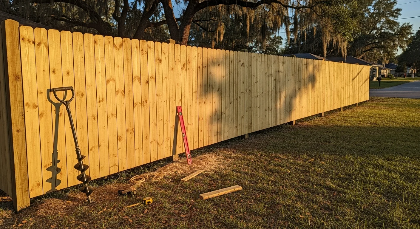 Newly installed wooden privacy fence around residential property