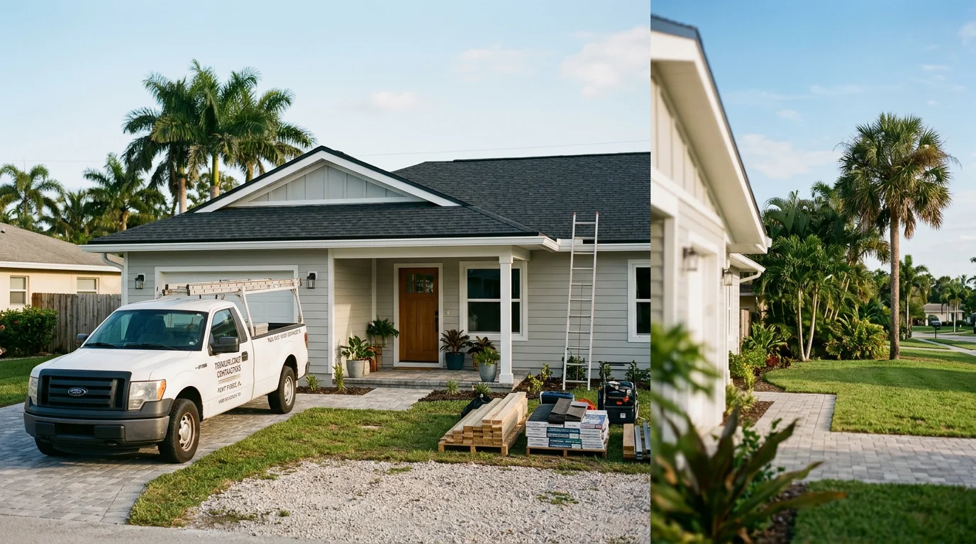 General contractor team reviewing plans on a residential remodeling project in Florida