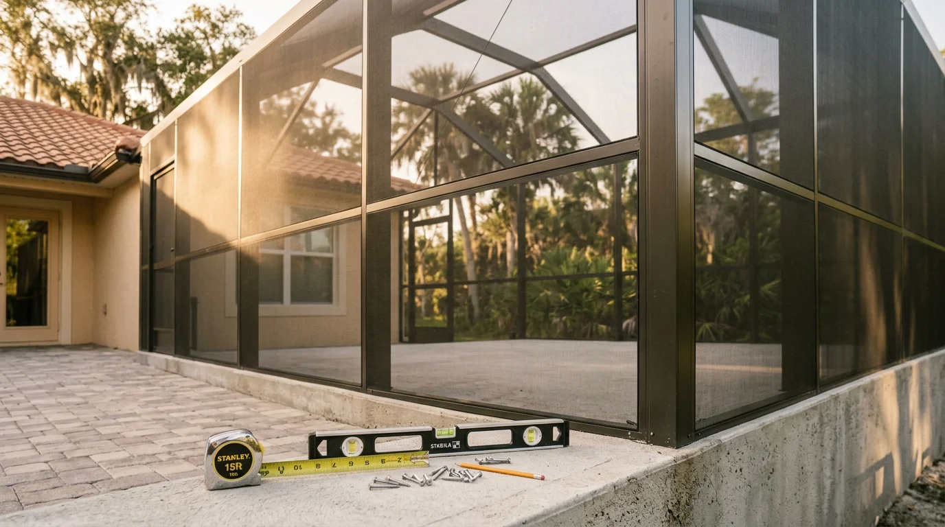 Custom patio enclosure attached to a Fort Pierce home with screened walls and roof