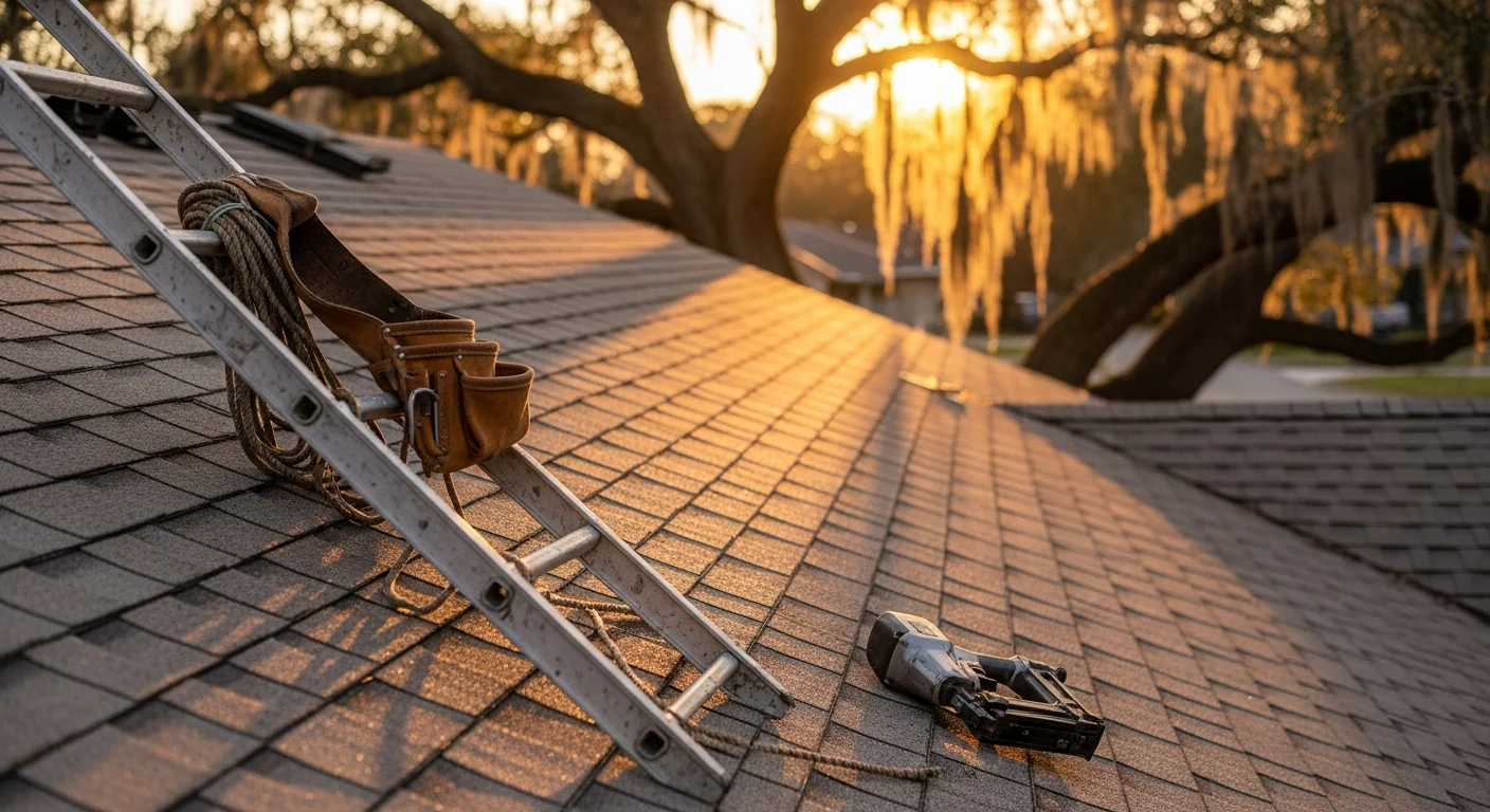 Professional roofer installing residential roof shingles