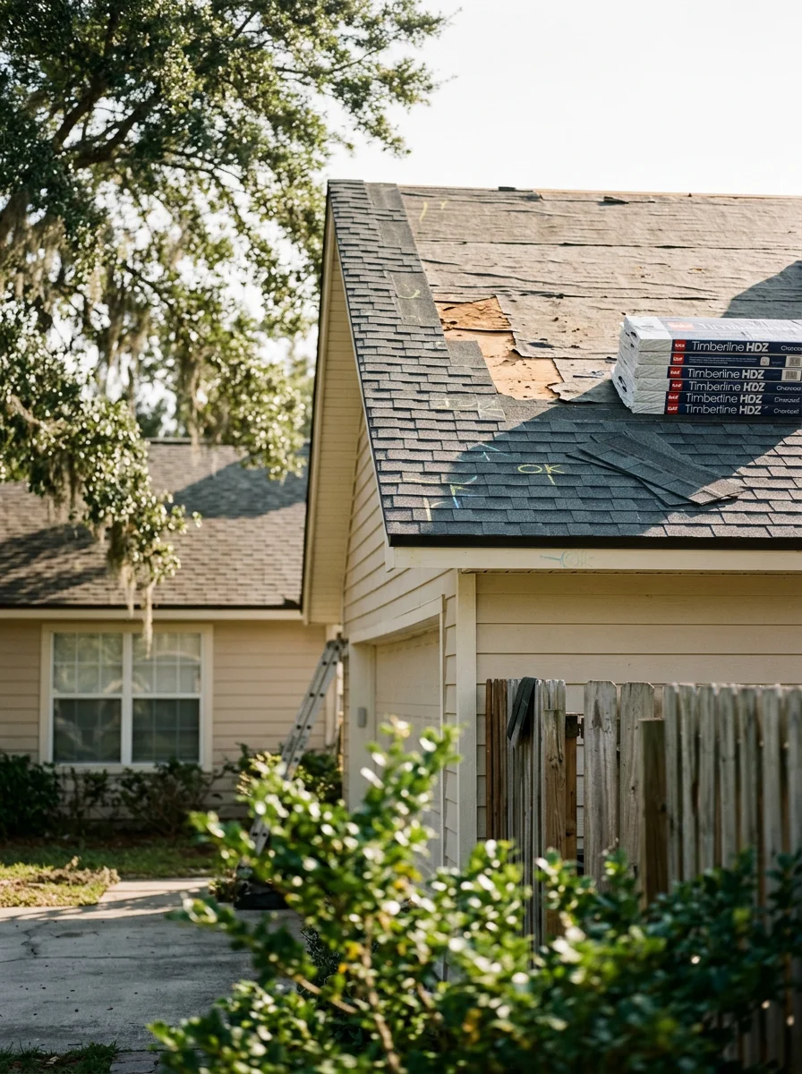 Roof inspection and repair work on a Clay County home showing wind damage assessment and storm-resistant shingle replacement