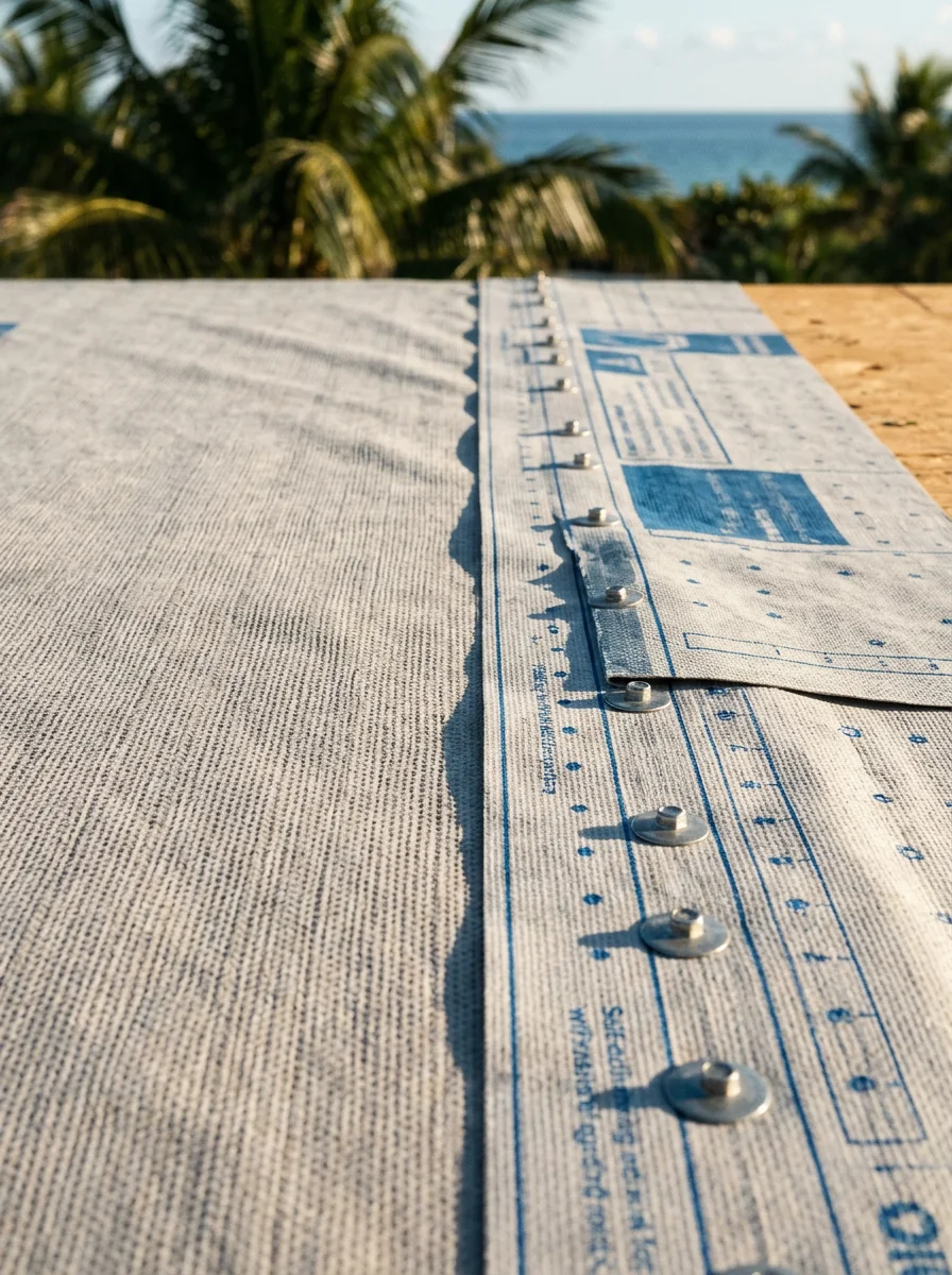 Close-up of enhanced roof fastening and wind-resistant underlayment installation meeting Florida Building Code standards