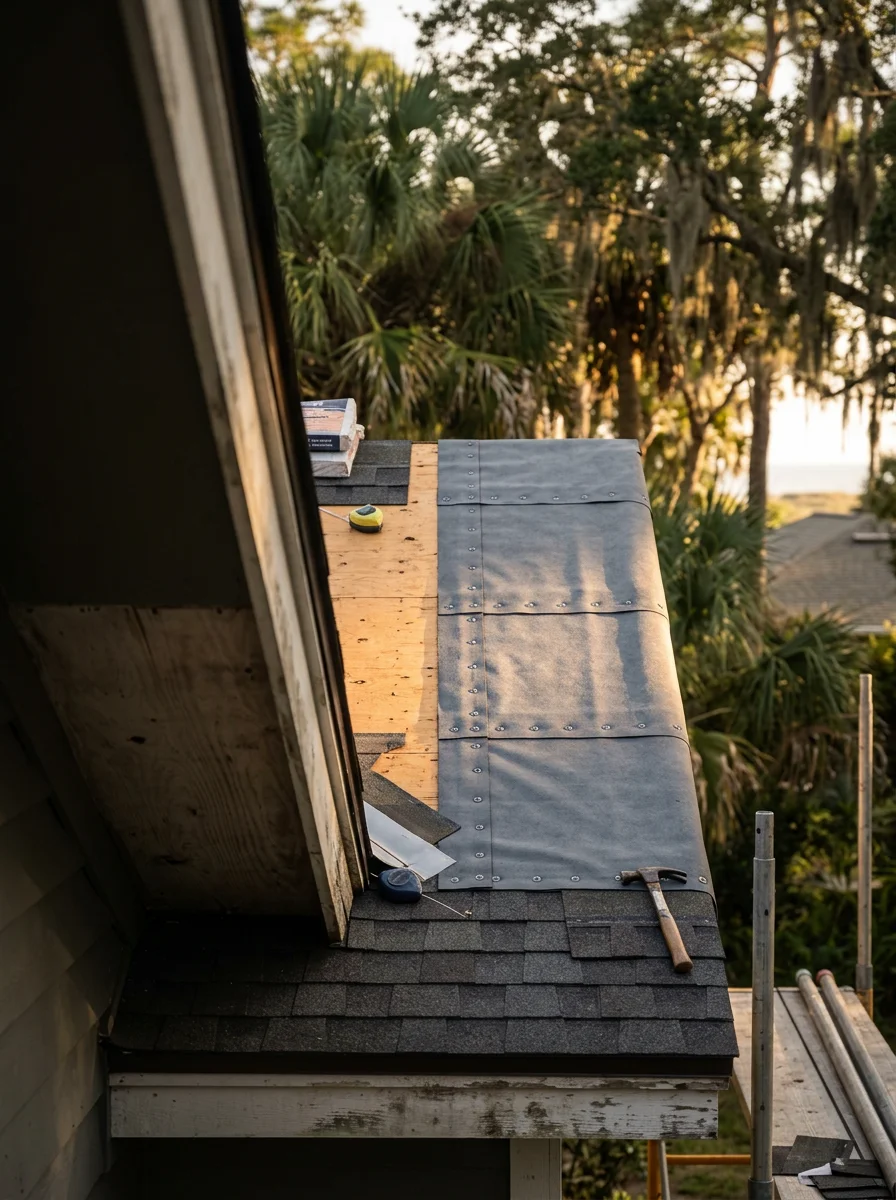 Residential roof installation in Yulee showing secondary water barrier and reinforced fastening pattern for wind resistance