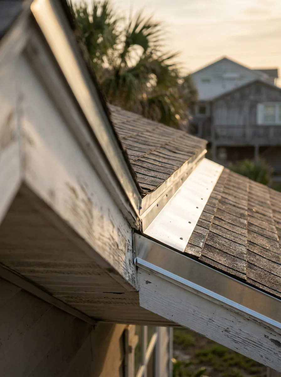 Roofing contractor installing corrosion-resistant metal flashing on oceanfront property in Volusia County