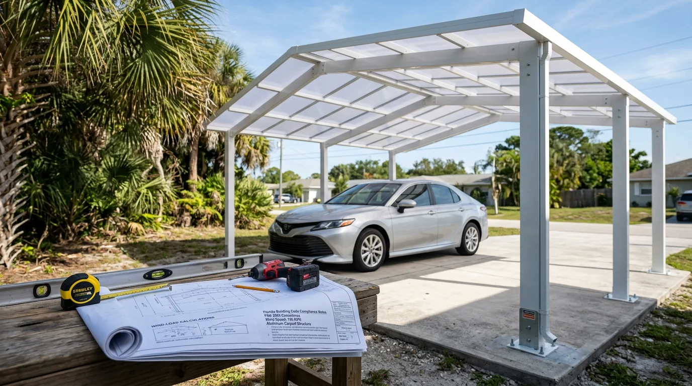 A newly installed residential carport in Indian River County, FL, providing covered parking for two vehicles on a concrete pad beside a single-family home. The structure features a solid roof designed to handle Florida coastal wind and rain conditions.