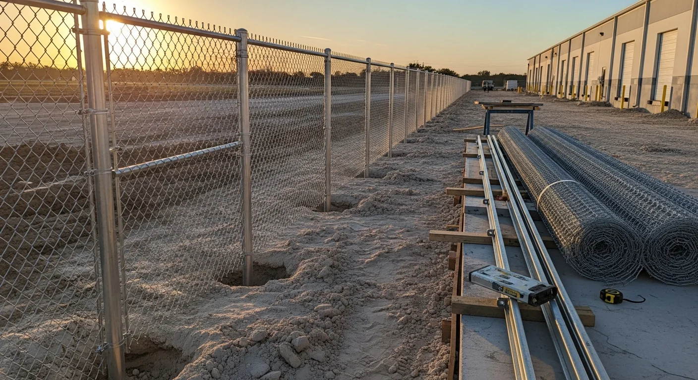Installed commercial perimeter fencing along a business property in Indian River County, FL, with a vehicle access gate at the entrance. Chain link or metal panel fencing lines the property edge with posts set in concrete along a paved commercial lot.