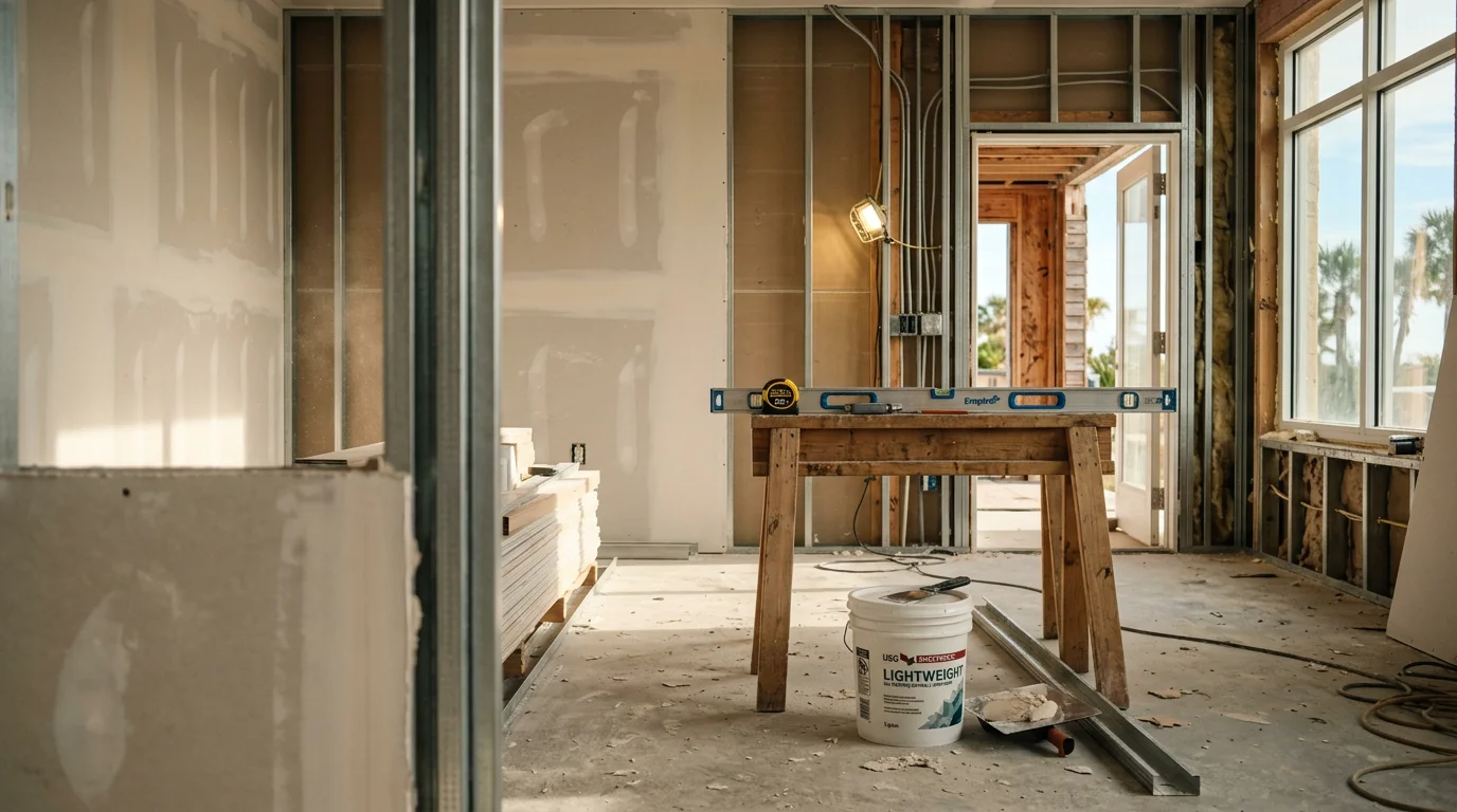 A remodeled commercial interior in Florida showing updated walls, flooring, and a clean open layout. A general contractor reviews finished work inside a renovated storefront space.