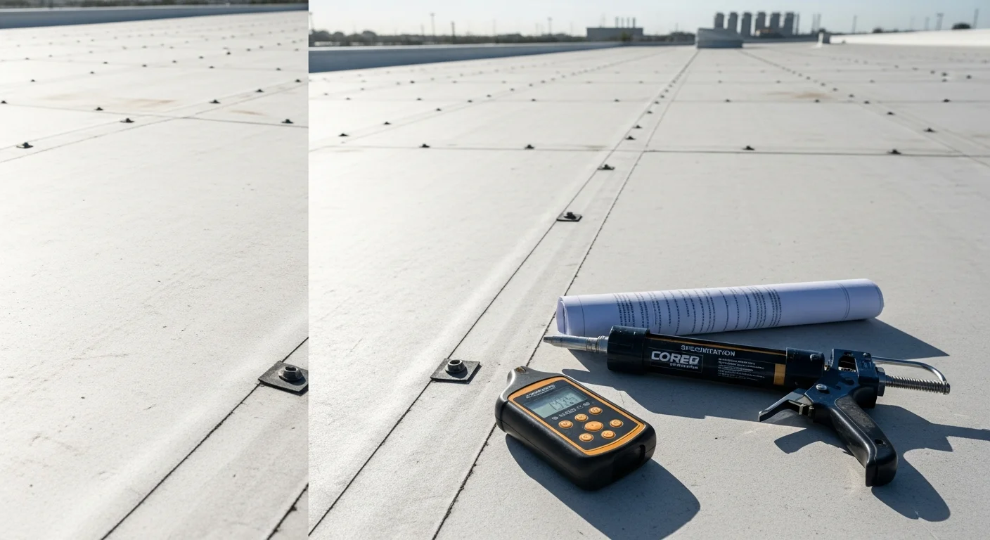 A completed flat commercial roof on a low-rise business building in Indian River County, FL, showing a smooth membrane surface with sealed penetrations and metal flashing at the roof edge. The surrounding landscape reflects the county's coastal Florida setting.