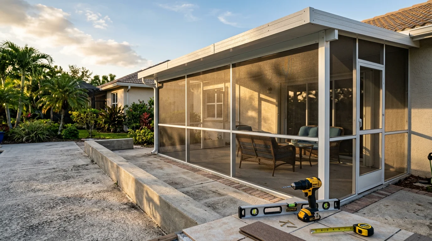A finished Elite Room addition on the back of a Florida home in Indian River County, featuring a solid insulated composite roof, aluminum-framed screened walls, and a ceiling fan overhead. The enclosed patio space overlooks a landscaped backyard under clear South Florida skies.