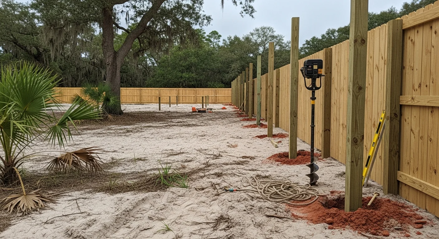 A newly installed six-foot privacy fence along the rear yard of a residential property in Indian River County, FL. Fence posts are set in concrete with uniform panel spacing and a latched gate visible at the yard entrance.