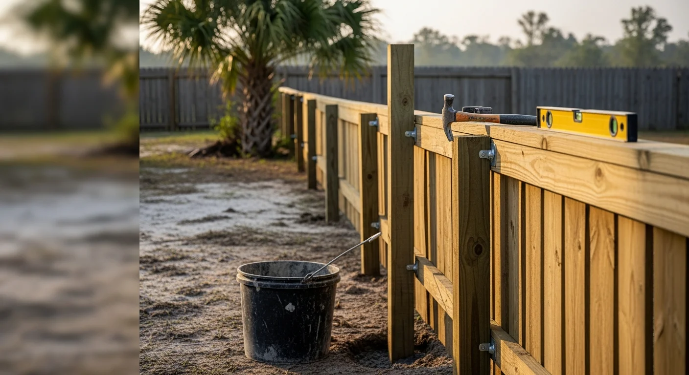 A repaired wooden privacy fence with newly set posts and replaced boards on a residential property in Indian River County, FL. The repaired section shows flush, even panels alongside the existing fence line with no visible lean or gaps.