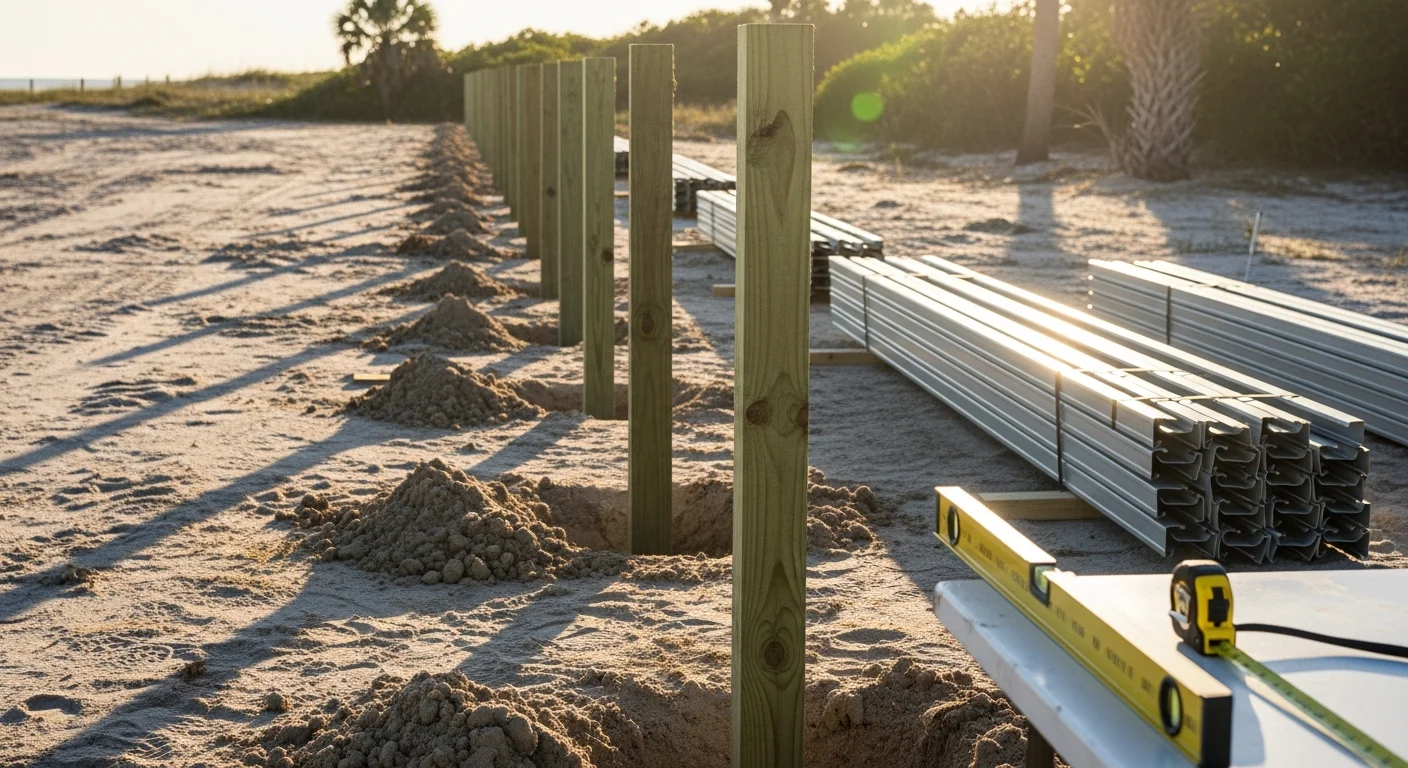 A newly installed replacement fence along the backyard perimeter of a residential property in Indian River County, FL. The fence line is straight and level, with clean post spacing and a secure gate, set against a typical Florida coastal landscape.