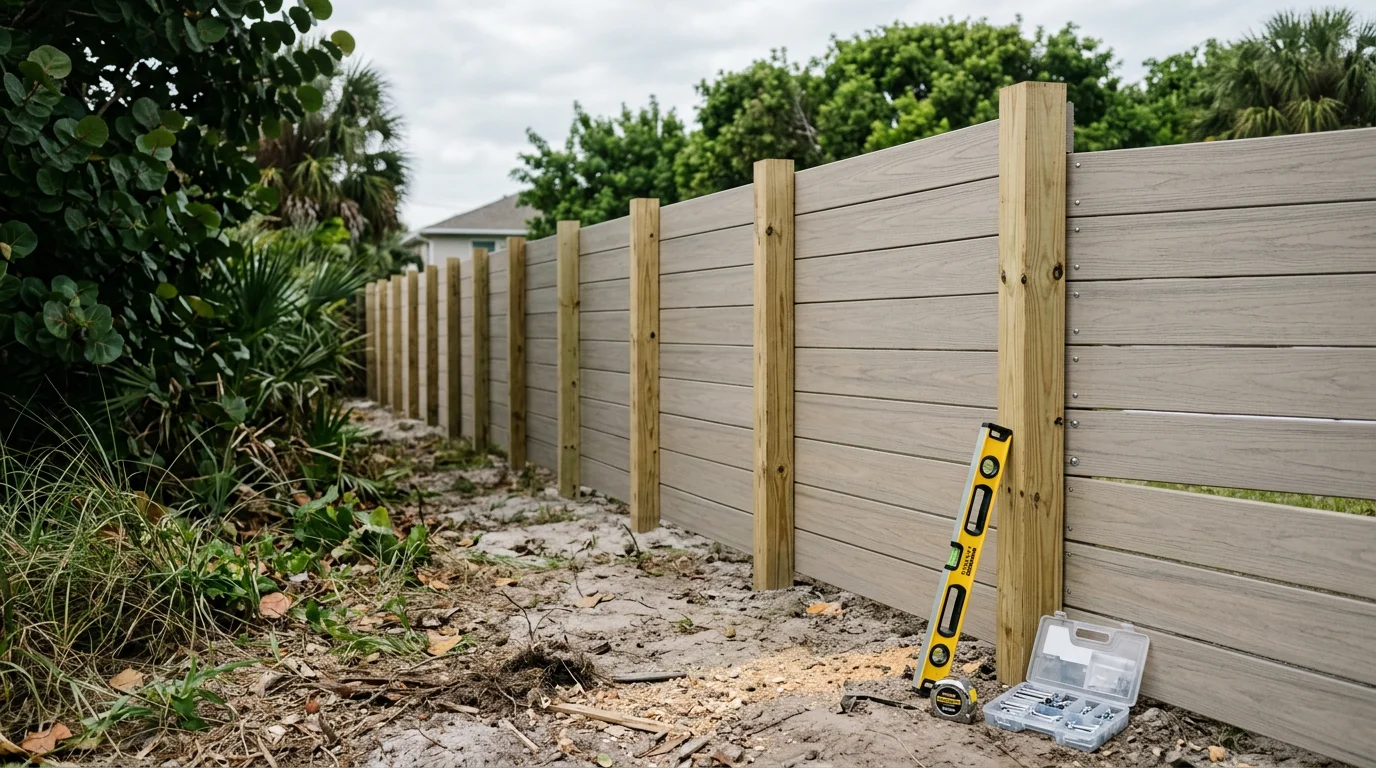 A newly installed residential privacy fence in a backyard in Florida, with green lawn and clear blue sky visible. The fence posts are set in concrete footings with even panel spacing suited to Florida's coastal wind conditions.