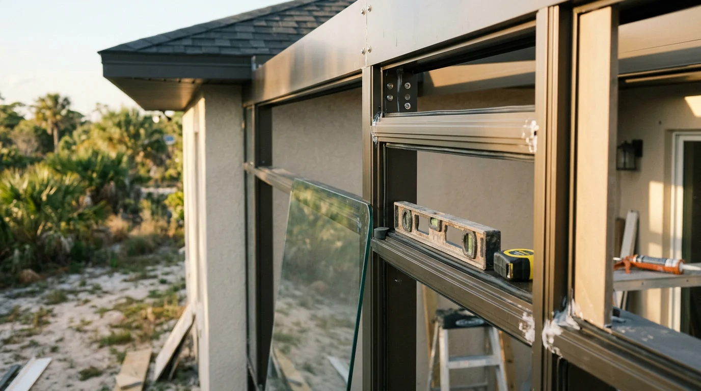 A finished Florida room addition on a residential home in Indian River County, FL, with glass panel walls, a solid roof tied to the existing roofline, and casual seating inside. The enclosed space overlooks a backyard patio in a coastal Florida neighborhood.