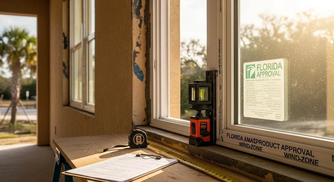 A newly installed impact window on a single-family home in Indian River County, FL, showing a clear laminated glass pane set in a white aluminum frame with the Atlantic coastal landscape visible in the background. The installation is complete with exposed fasteners visible along the frame perimeter, consistent with Indian River County Building Division inspection requirements.
