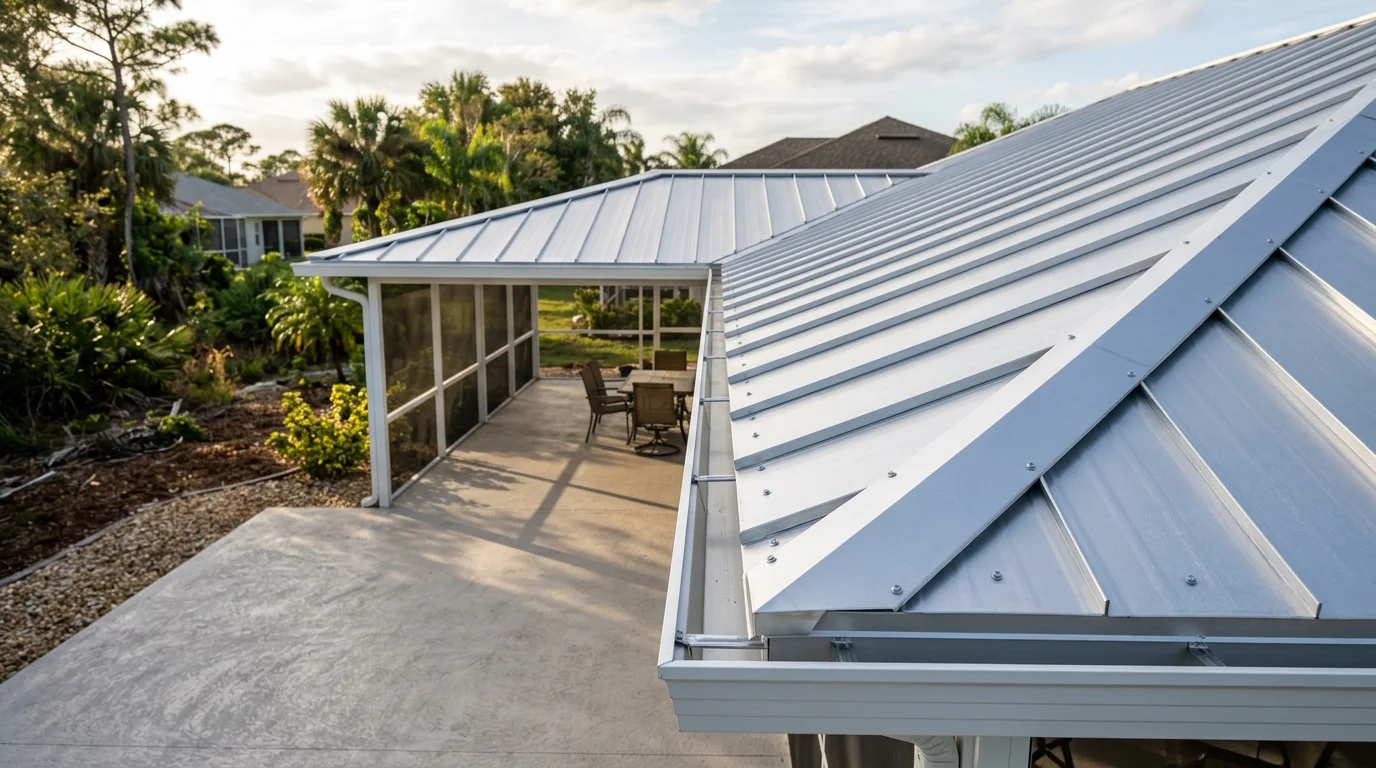 A completed aluminum pan roof installed over a residential patio in Indian River County, Florida, showing interlocking ribbed panels providing full shade and weather coverage. The structure connects to the back of a single-family home with a clean, finished aluminum frame.