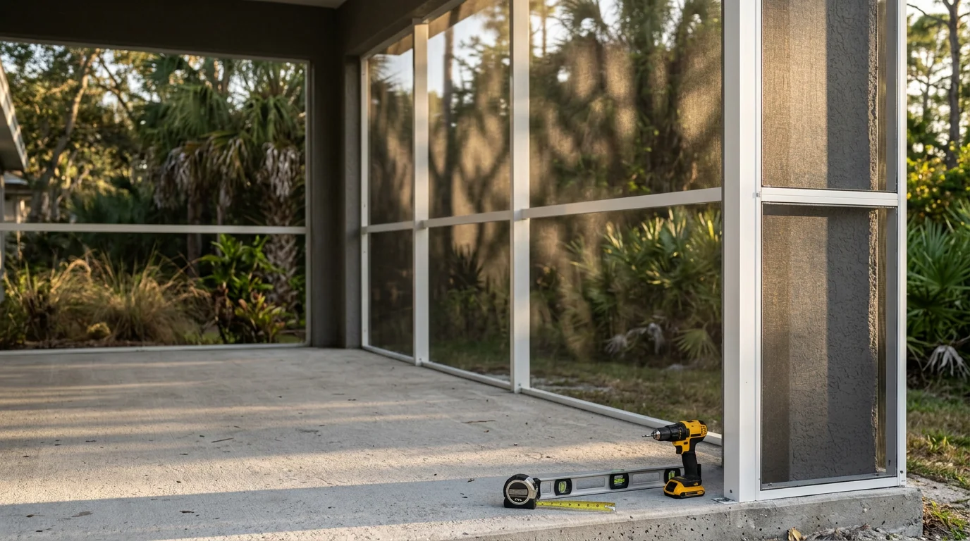 A finished patio enclosure on a single-family home in Indian River County, Florida, with aluminum framing and screen mesh enclosing a concrete patio. The enclosed space overlooks a landscaped backyard under a clear Florida sky.