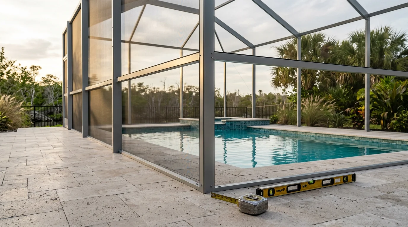 A screened pool enclosure surrounding a residential backyard pool in Indian River County, Florida, with aluminum framing and mesh screening visible against a clear sky. The enclosure covers the full pool deck area and connects to the rear of a single-family home.