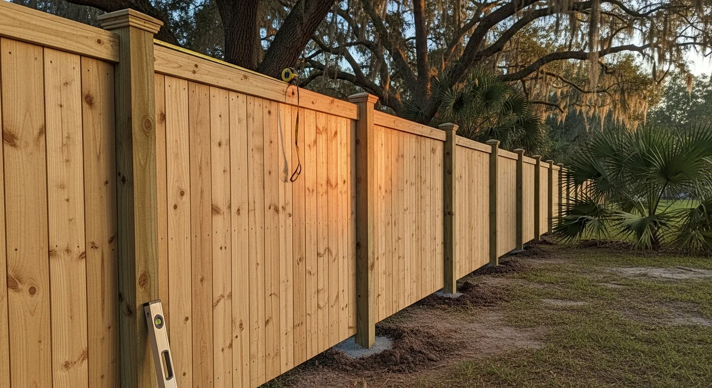 A six-foot privacy fence installed along the rear yard of a residential property in Indian River County, FL. Solid panels run the full length of the lot line with a matching gate centered on the back of the yard.