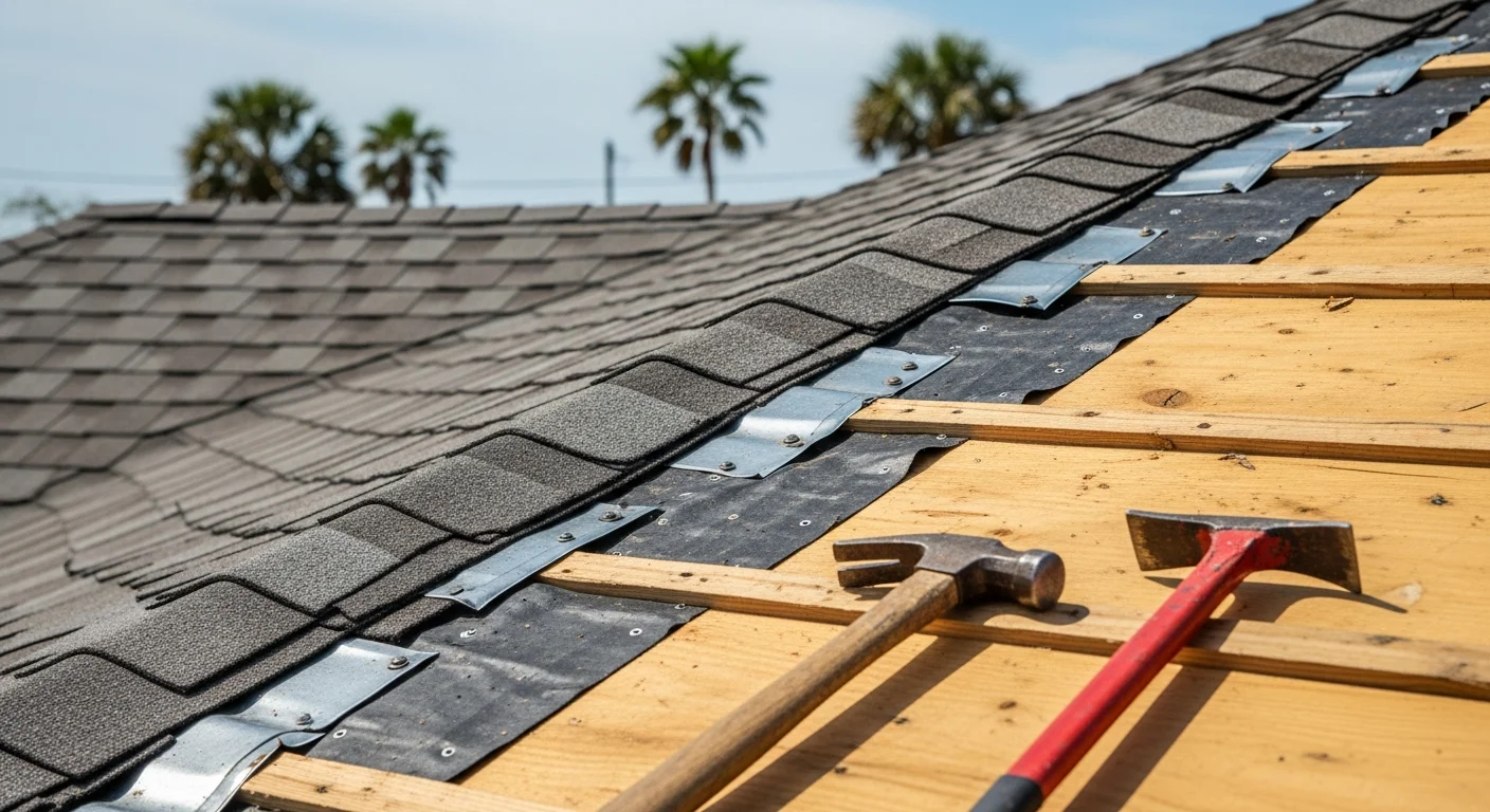 A completed residential roof replacement on a single-family home in Indian River County, FL, showing new roof covering, drip edge, and flashing installed at the eaves and roof-to-wall transitions. The finished roof is photographed from ground level against a clear Florida sky.