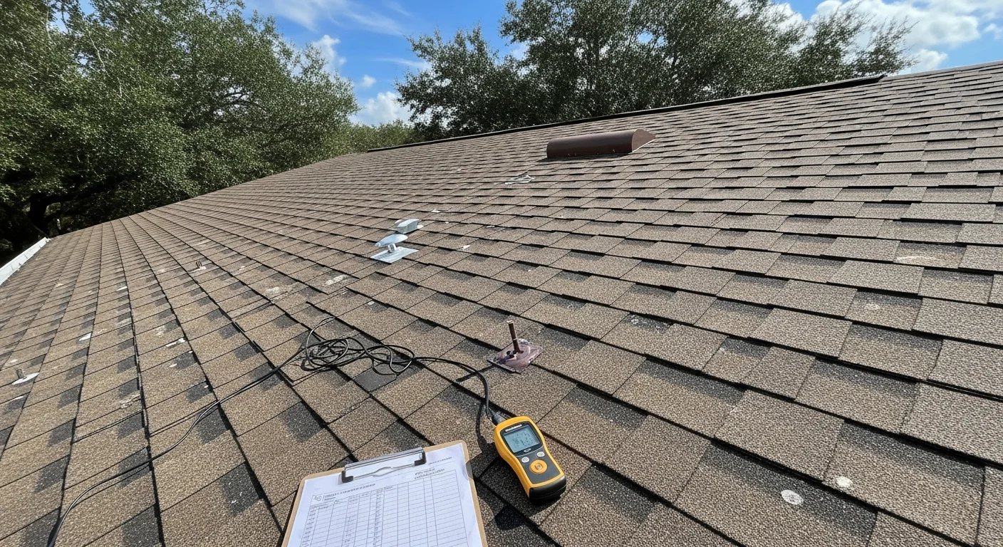 A licensed roofing contractor from Marlin Construction of IRC Inc inspecting the surface, flashing, and ridge line of a residential roof in Indian River County, FL. Close-up view showing roof covering condition and drainage components under Florida's coastal sun.
