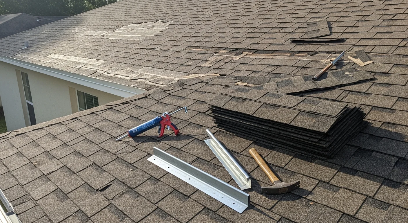 A roofing contractor repairing cracked shingles and damaged flashing on a residential home in Indian River County, FL. Close-up view shows repaired roof sections with restored underlayment visible along the roof edge.