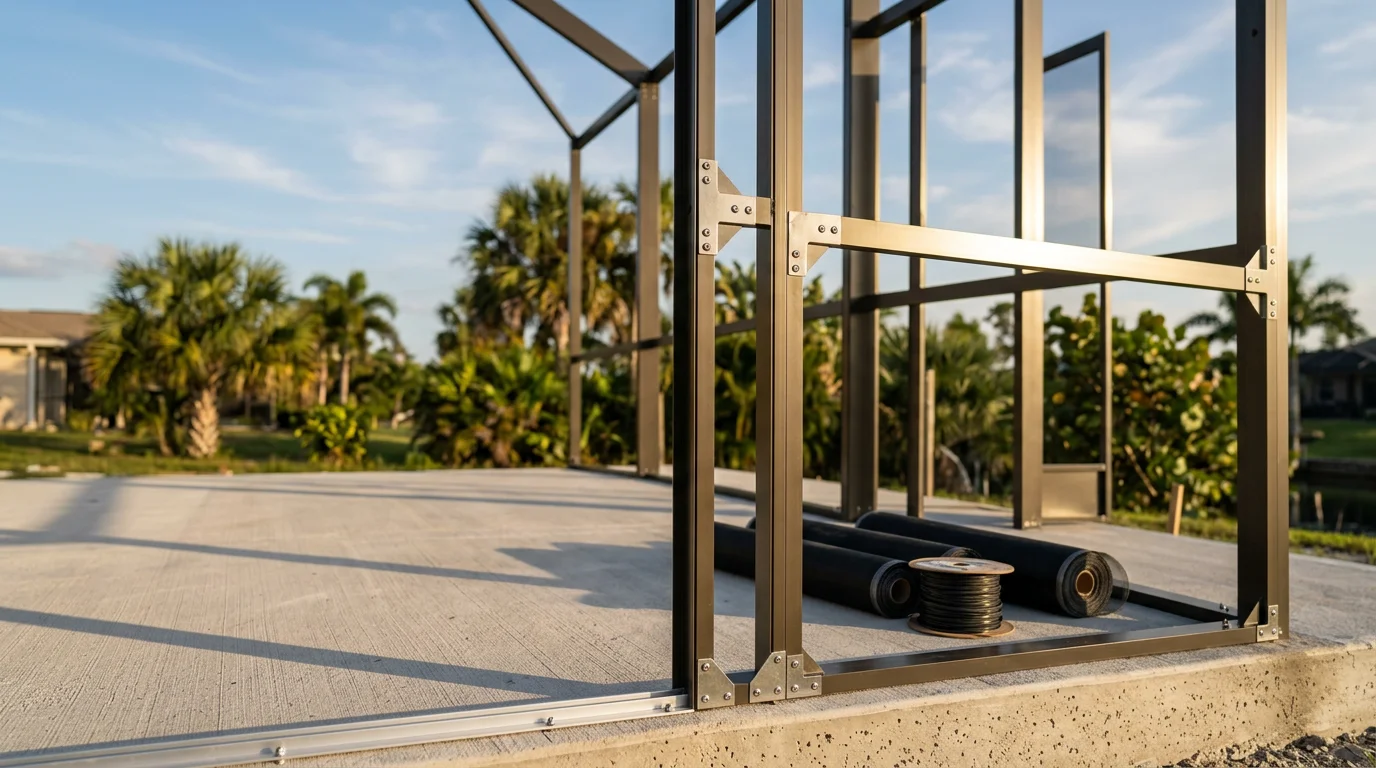 A finished custom screen room attached to the back of a single-family home in Indian River County, Florida. The screened enclosure features aluminum framing and mesh panels, with a covered patio area visible inside.