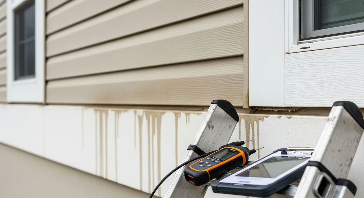 A Marlin Construction of IRC Inc contractor inspecting exterior siding panels and trim on a residential home in Indian River County, FL. The inspector examines flashing and seams along the roofline for signs of water damage and storm wear.