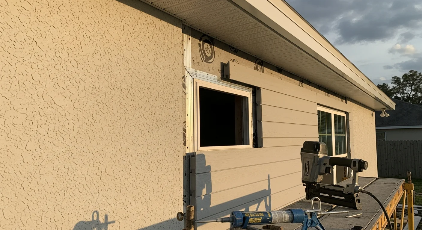 Freshly installed exterior siding on a single-family home in Indian River County, FL, showing clean panel lines, sealed trim edges, and updated curb appeal. The finished exterior reflects a weather-ready installation suited to Florida's coastal climate.