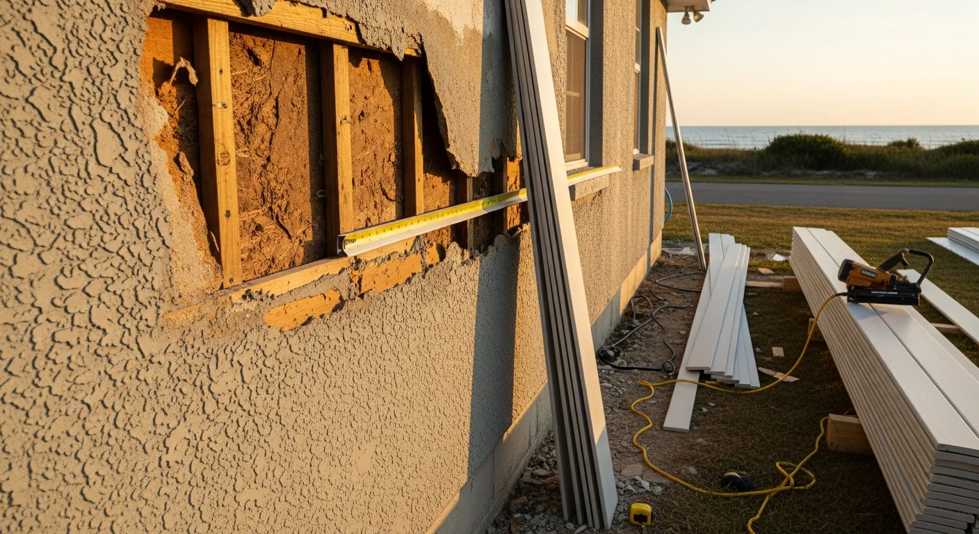 A contractor repairing storm-damaged siding panels on a single-family home in Indian River County, FL. Repaired exterior boards show clean, weather-tight seams against a coastal Florida residential backdrop.