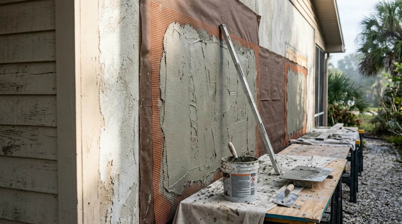 A freshly finished stucco exterior on a single-family home in Indian River County, Florida, showing a smooth, even surface coat with no visible cracks or moisture staining. The home exterior reflects the coastal residential style common throughout the county.