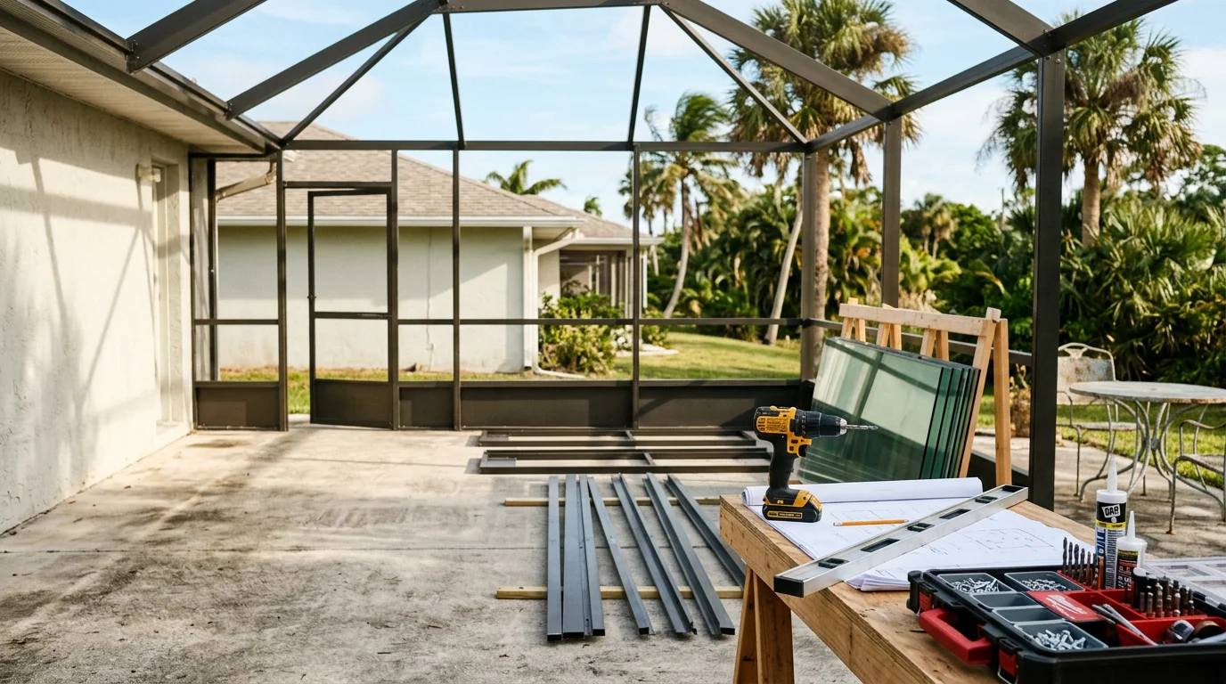 A completed sun room addition on a single-family home in Indian River County, Florida, featuring large glass panels and an integrated roofline that connects to the main house. The enclosed space overlooks a residential backyard under bright Florida sunlight.