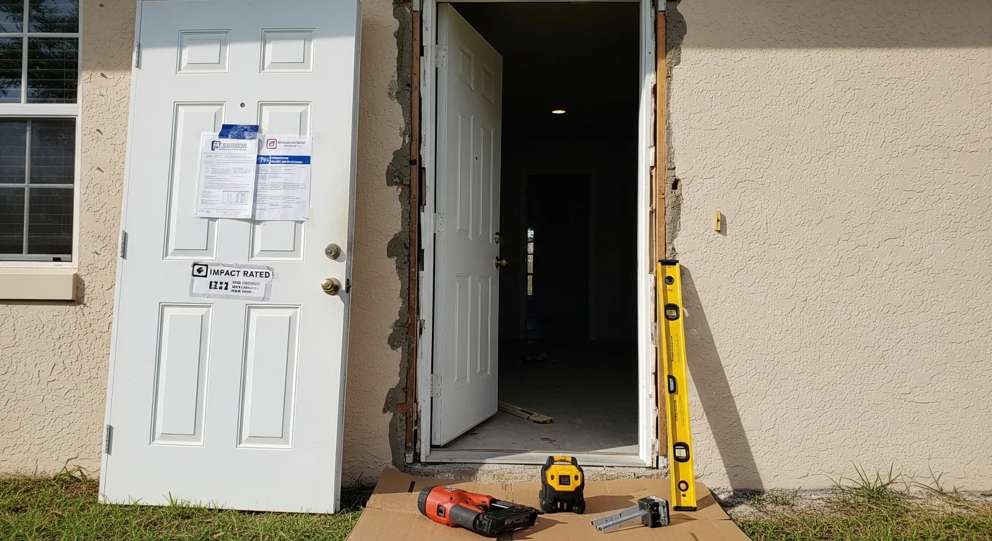 A newly installed set of impact-rated windows and a reinforced entry door on a single-family home in Indian River County, Florida. The installation shows clean frame lines flush with the exterior wall, with no storm shutters present.